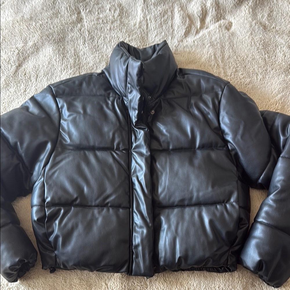 Zara Faux Leather Black Puffer Jacket